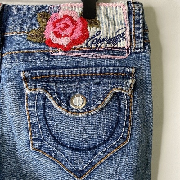 Blue Tattoo Low Rise Bootcut Distressed Jeans Big Stitch Embroidered Rose Logo - Picture 16 of 16